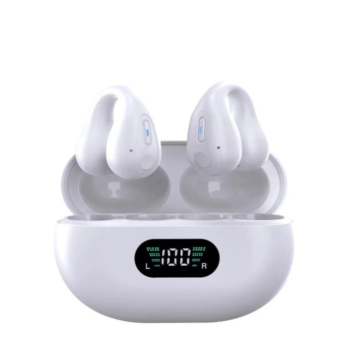 Безжични слушалки PERFORMTECH® Q80, закопчаване, Bluetooth 5.3, сензорно управление, щипка за ухо, автоматично свързване, водоустойчив IPX6, светодиоден дисплей на батерията, шумопотискане, микрофон, универсален, бял