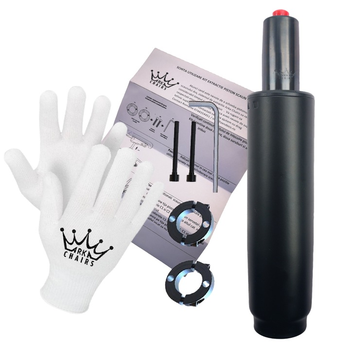 Kit profesional de extractie cu cilindru piston Arka Chairs 200 Kg, negru clasa 4 Super Profesional corp 225 mm extensie 140mm, manusi si instructiuni de utilizare