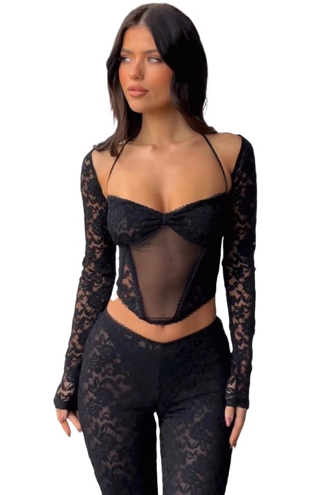 Set 4 piese lenjerie dama, WildFashion, Poliester, 2044, Negru