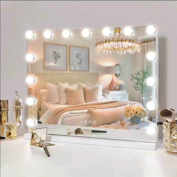 Oglinda cosmetica cu lumina LED reglabila, USB, design detasabil 10X, montare pe perete sau masa, argintiu