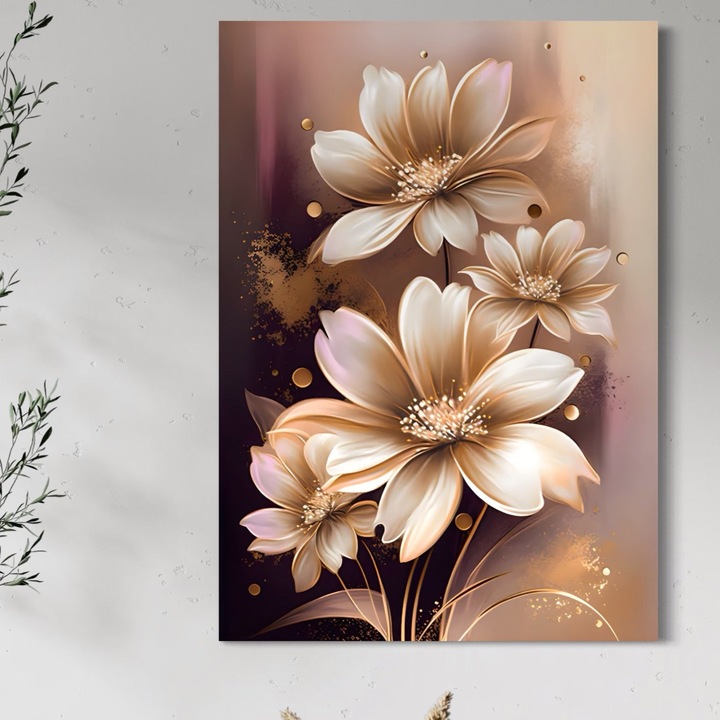 Премиум картина върху платно, LuxCanva® A1405, Златни цветя, 100 X 140 см, 100% памучно платно 400 г/м2, дървена рамка, стая, ярки цветове