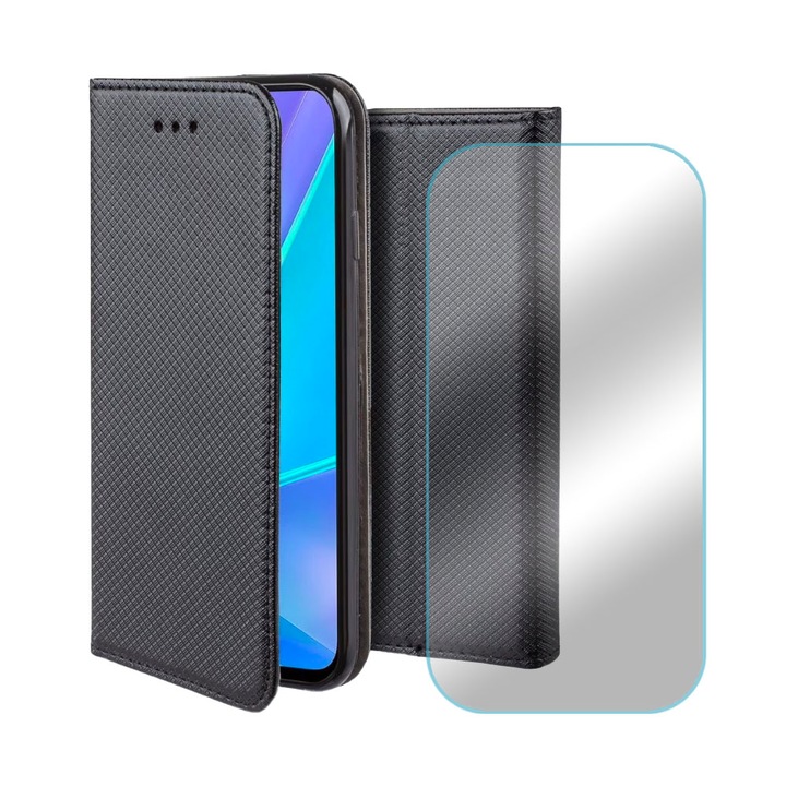 Комплект от 2.5D защитено стъклено фолио и текстуриран кожен флип калъф за Samsung Galaxy S5, джоб за карта, функция стойка, магнитно затваряне, дисплей и заден капак, 360 пълно покритие, черен, ОПТИМАЛНО РЕШЕНИЕ