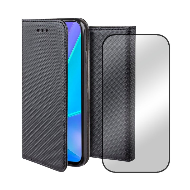 Комплект от 5D Secure Glass Foil и текстуриран кожен флип калъф за Realme Narzo 50i, джоб за карти, черни ръбове, функция на стойка, магнитно затваряне, дисплей и заден капак, 360 пълно покритие, черен