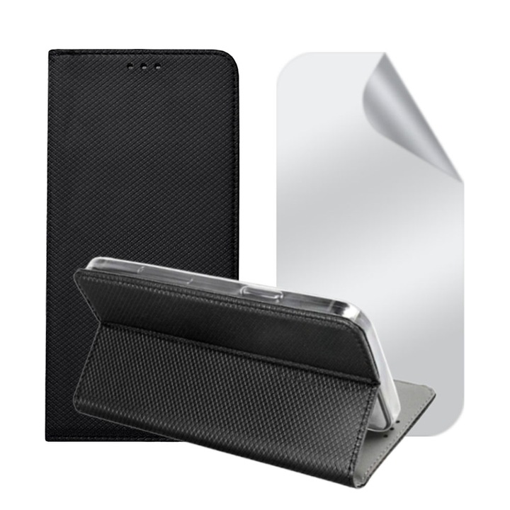 Комплект прозрачно регенерируемо хидрогелно фолио и текстуриран кожен флип калъф за OPPO Reno 5 4g / 5g / Find x3 Lite, джоб за карта, висока прозрачност, функция на стойка, магнитно затваряне, дисплей и заден капак, 360 пълно покритие, черен