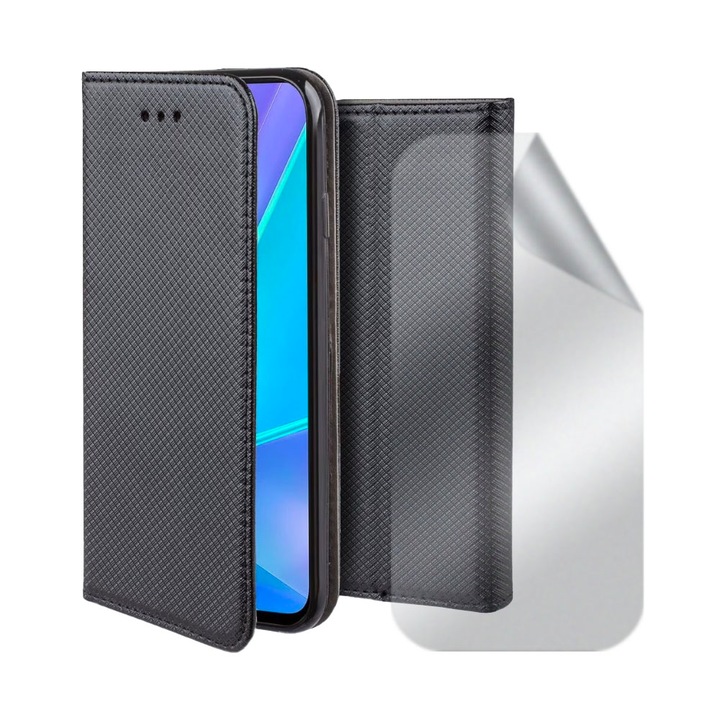 Matt regenerálható hidrogél fólia készlet és texturált bőr flip tok Xiaomi Redmi Note 12 Pro 4g / Note 11 Pro 4g / 5g készülékhez, kártyatartó zseb, ujjlenyomat-mentes, mágneses záródás, kijelző és hátlap, 360 teljes fedés, fekete