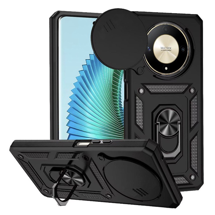 Калъф за телефон, съвместим с Honor Magic 6 Lite, Rugged Shield LensProtect, Anti-shock, Плъзгащ се капак за камери, Защита на обектива, Пълно покритие, Задържащ пръстен, Магнит, Черен