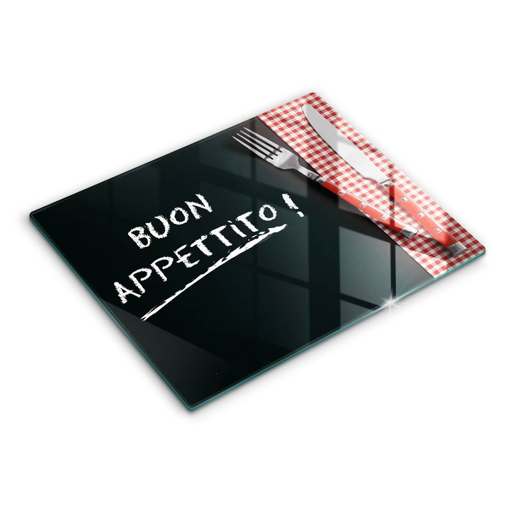 Dekoratív üveg, Wallfluent, A Buon Appetito Felirat mondat!, Fekete, 52x40 cm