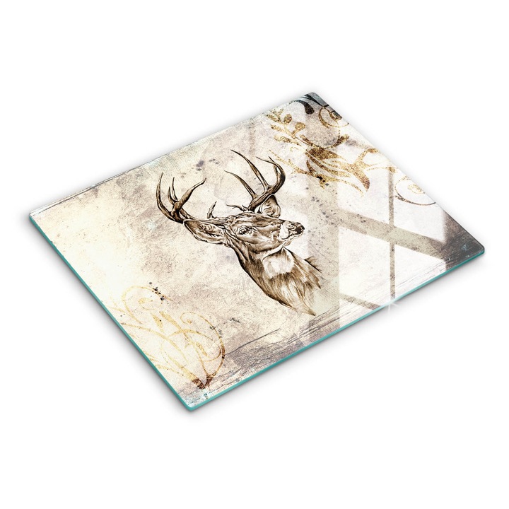Dekoratív üveg, Wallfluent, Szarvas állat illusztráció, Bézs, 52x40 cm