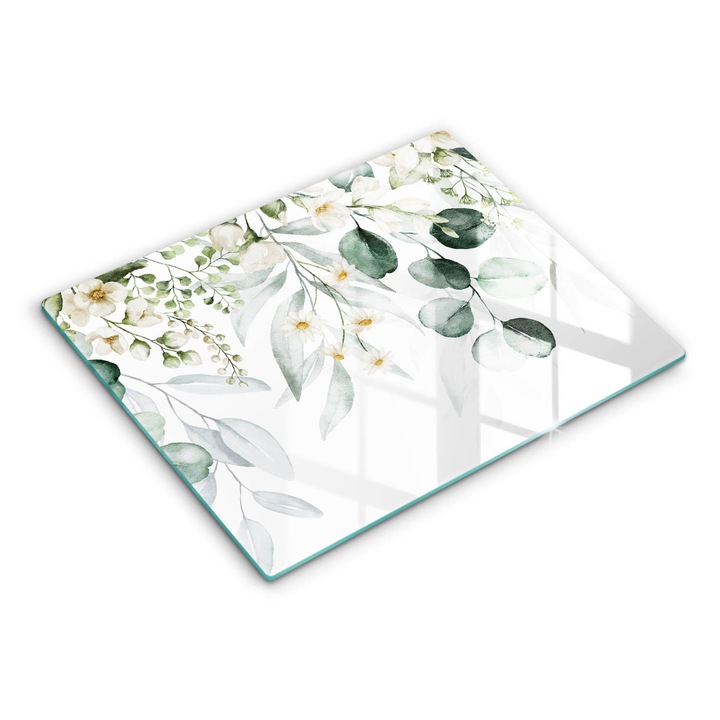 Dekoratív üveg, Wallfluent, Akvarell növények, Fehér, 52x40 cm