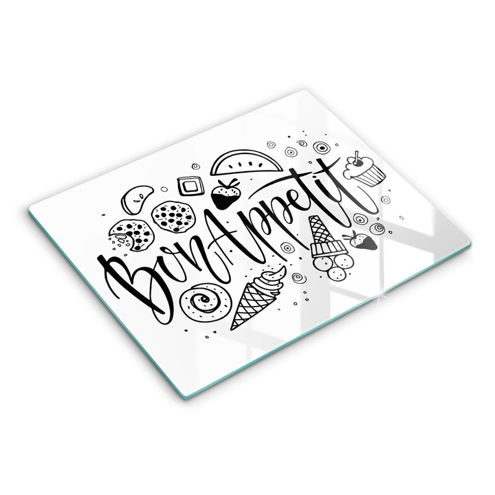 Dekoratív üveg, Wallfluent, Bon Appetit Felirat mondat, Fehér, 52x40 cm