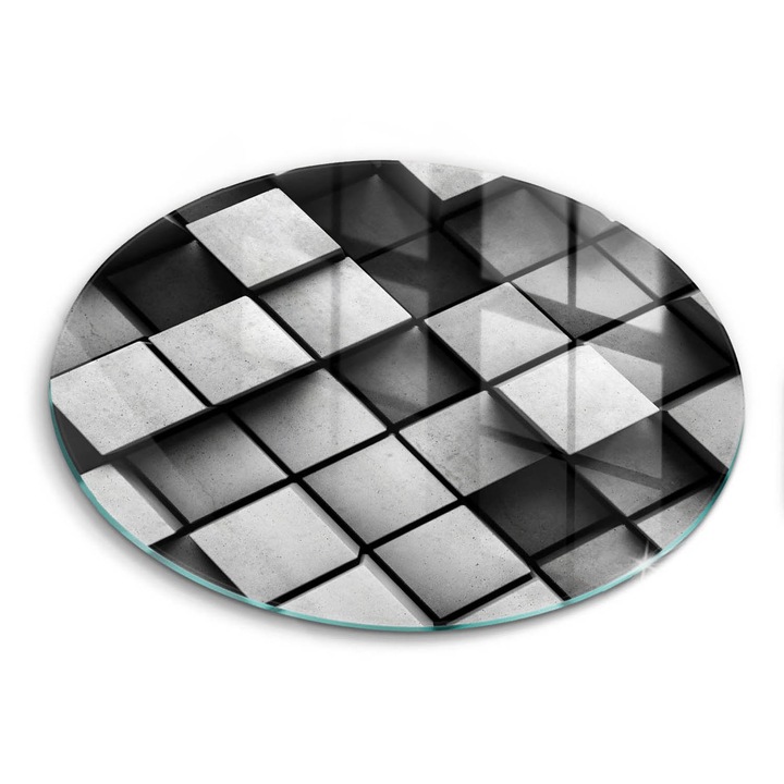 Tocatoare de bucatarie, Wallfluent, din sticla, Ø30 cm, Abstractie patrata 3D, Gri, 010010520070000005920