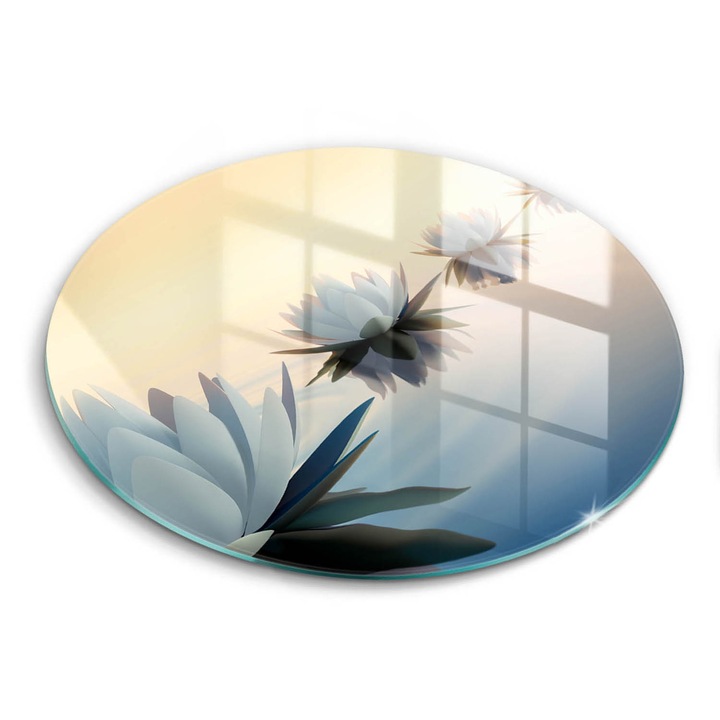 Tocatoare de bucatarie, Wallfluent, din sticla, Ø30 cm, Flori de lilia pe apa, Galben, 010010520070000001826