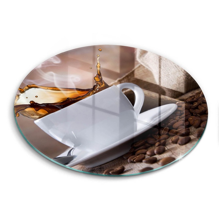 Tocatoare de bucatarie, Wallfluent, din sticla, Ø30 cm, Cupa si boabele de cafea, Maro, 010010520070000004163