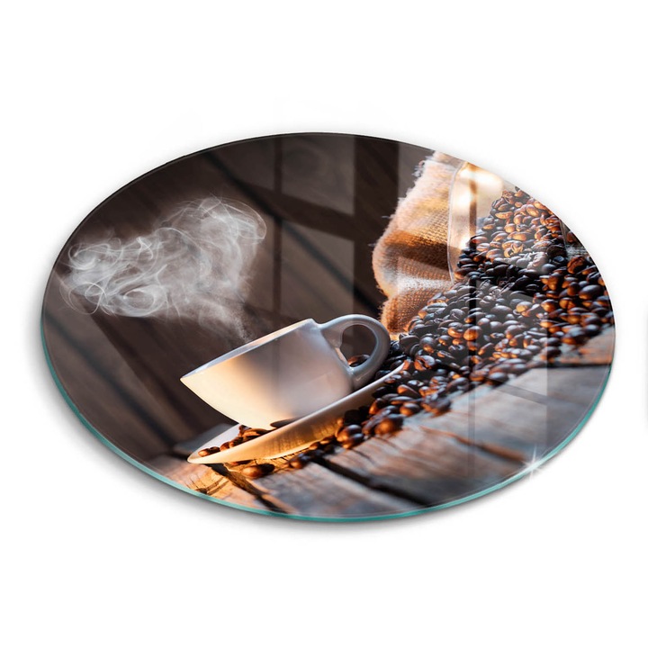 Tocatoare de bucatarie, Wallfluent, din sticla, Ø30 cm, Ceasca de cafea si inima, Maro, 010010520070000006813