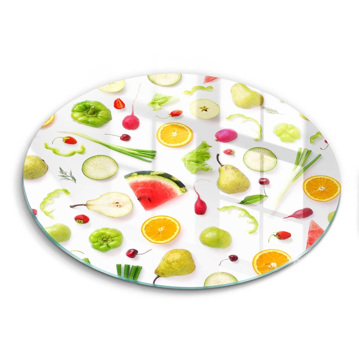 Tocatoare de bucatarie, Wallfluent, din sticla, Ø30 cm, Model de fructe si legume, Multicolor, 010010520070000077270