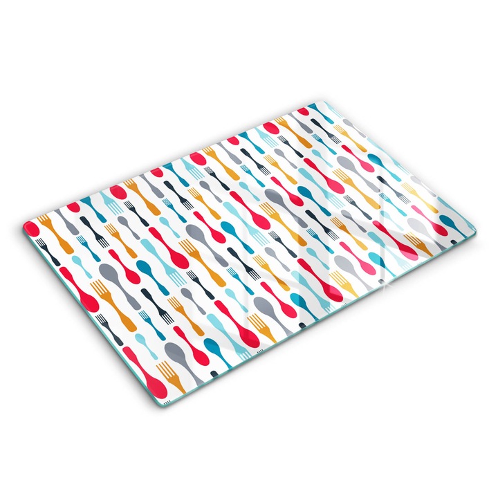 Tocatoare de bucatarie, Wallfluent, din sticla, 80x52 cm, Ilustrare cu lingurita, Multicolor, 010010520060000274786