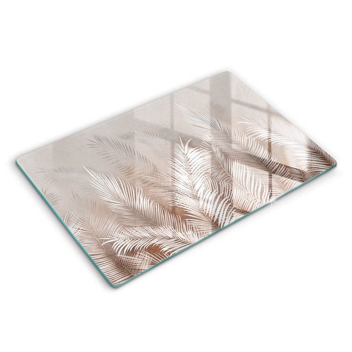 Tocatoare de bucatarie, Wallfluent, din sticla, 80x52 cm, Vegetatie cu frunze boho, Bej, 010010520060000088324