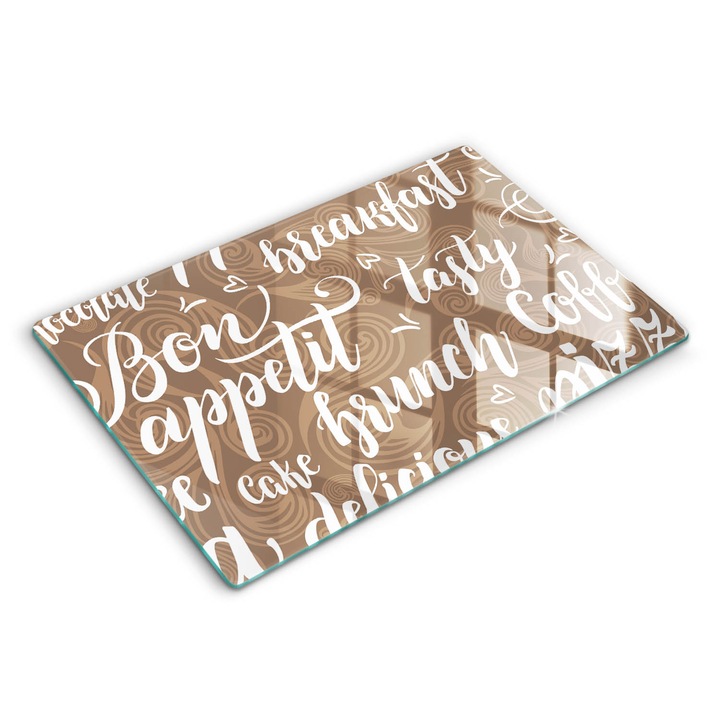 Tocatoare de bucatarie, Wallfluent, din sticla, 80x52 cm, Subtitrari Bon Appetit, Maro, 010010520060000274121