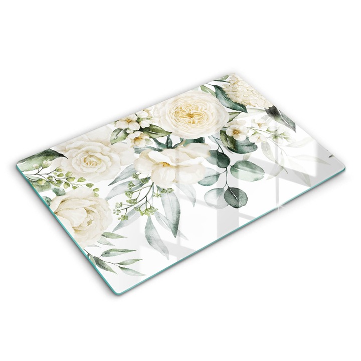 Tocatoare de bucatarie, Wallfluent, din sticla, 80x52 cm, Flori de acuarela, Crem, 010010520060000088309