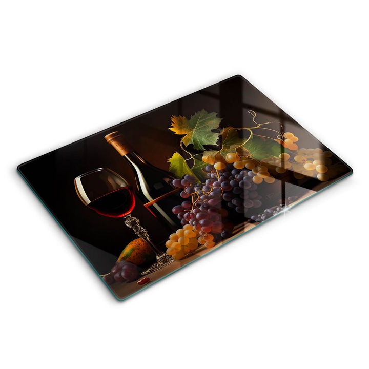 Tocatoare de bucatarie, Wallfluent, din sticla, 80x52 cm, Un pahar de vin si struguri, Multicolor, 010010520060000275104