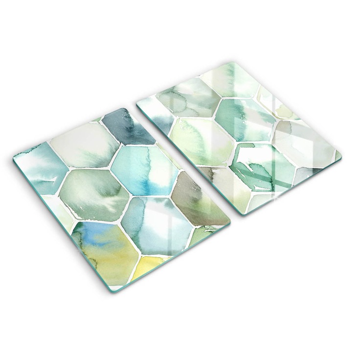 Üveg vágódeszka, Wallfluent, Akvarell hexagonok, 2x40x52 cm, Zöld