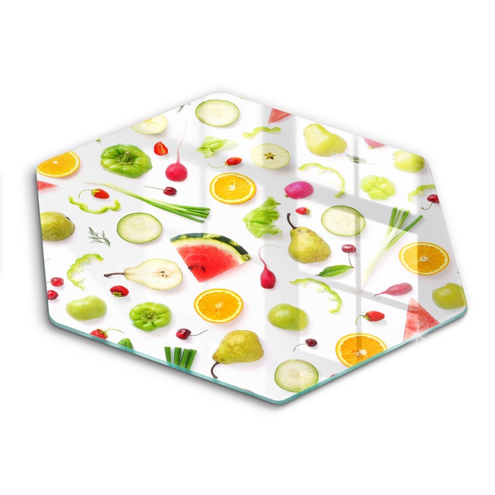 Üveg vágódeszka, Wallfluent, Gyümölcs- és zöldségek mintázata, h40 cm, Sokszínű