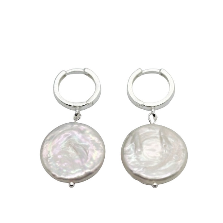 Cercei din perle naturale de cultura forma moneda, argint 925, tortita inchisa