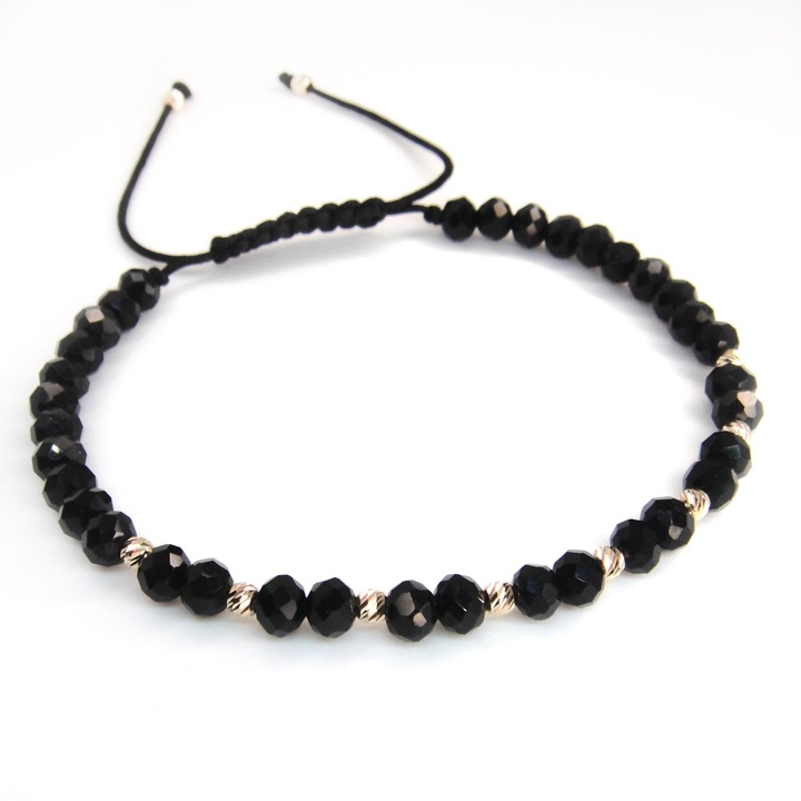 Bratara reglabila cu 10 bile aur 14k de 2.5 mm si cristale sticla negre de 4mm