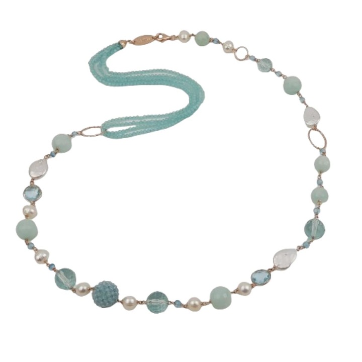 Colier Sensation cu obsidian, amazonit, acvamarin si perle