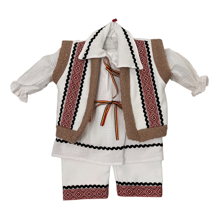 Costum popular baieti, alb/maro/rosu, 4 piese, 56-62 cm, 0-3 luni
