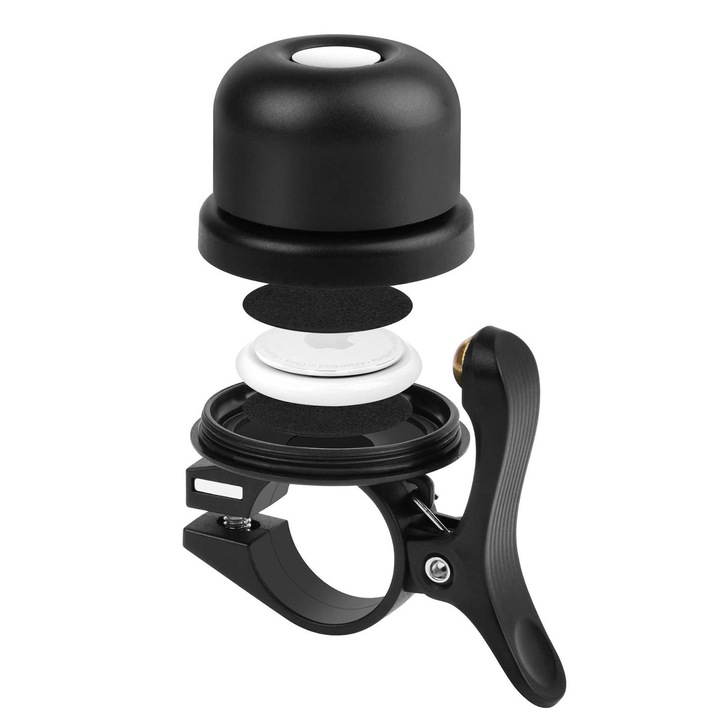 Sonerie pentru bicicleta, dispozitiv anti-pierdere ascuns cu AirTag incorporat (fara locator), metal/plastic, impermeabil, anti-vibratii, decibeli mari, potrivit pentru ghidon cu diametru de 22,2 mm, negru