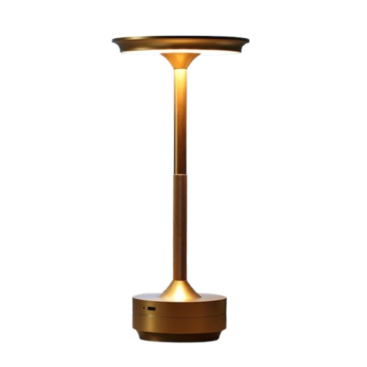 Lampa de masa LED ESPRODYS metalica cu control tactil Touch, fara fir, portabila, 3 moduri de iluminare, reincarcabila prin USB, design elegant pentru casa, living, bucatarie, restaurant, hotel, terasa, auriu