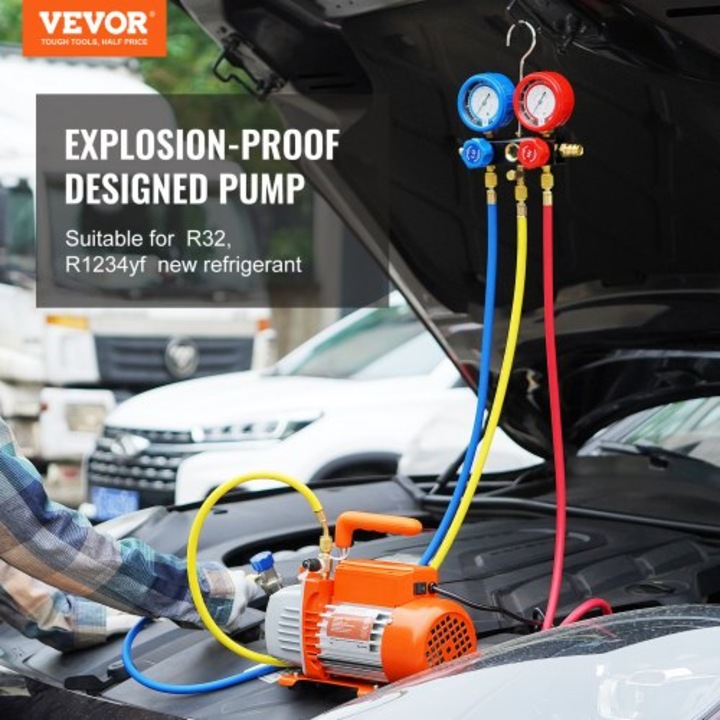 Set pompa de vid si manometru AC, 1/4 CP, 4.5 CFM, cu palete rotative, pentru HVAC, A/C, furtun cu trei culori, geanta de transport