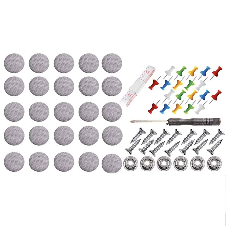 Kit 70 capse, JENUOS®, incluse 70 bucati catarame, 70 cuie colorate, surubelnita, banda de masura, pentru reparatia plafonului auto, instructiuni incluse, Gri