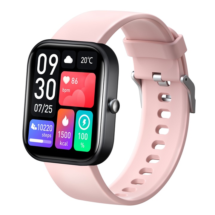 Ceas Smartwatch i4FIT®, GTS5, Ecran tactil de 2.0 Inch HD, Initiere/Preluare Apel, Difuzor si Microfon incorporat, Notificari APP, Ritm cardiac, Tensiune arteriala, Oxiometru, Sedentarism, Redare audio, Calculator, SOS, Negru/Roz