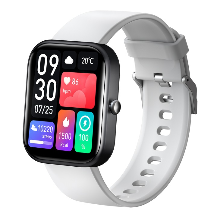 Ceas Smartwatch i4FIT®, GTS5, Ecran tactil de 2.0 Inch HD, Initiere/Preluare Apel, Difuzor si Microfon incorporat, Notificari APP, Ritm cardiac, Tensiune arteriala, Oxiometru, Sedentarism, Redare audio, Calculator, SOS, Negru/Gri