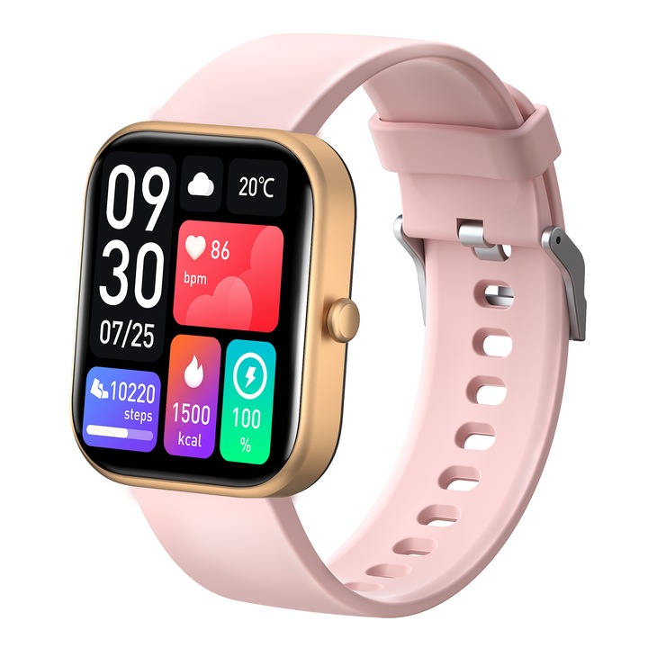 Ceas Smartwatch i4FIT®, GTS5, Ecran tactil de 2.0 Inch HD, Initiere/Preluare Apel, Difuzor si Microfon incorporat, Notificari APP, Ritm cardiac, Tensiune arteriala, Oxiometru, Sedentarism, Redare audio, Calculator, SOS, Auriu/Roz