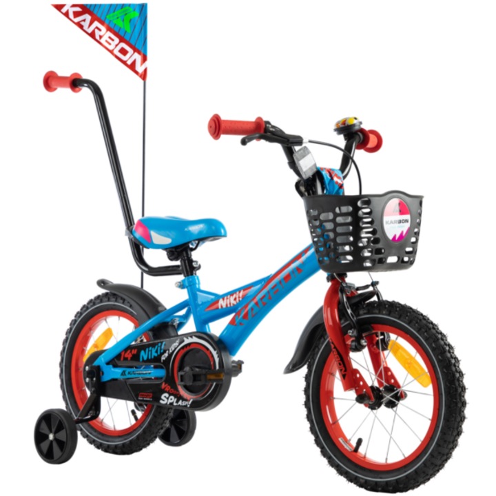 Велосипед за деца 3-6 години Karbon Niki, колела 14 цола, с помощни колела и син