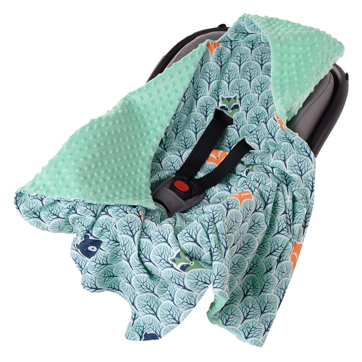 Patura pentru carucior cu gluga/scaun auto, Medi Partners, Bumbac/Minky, 85x85cm, Model de padure scandinava, Menta/Alb