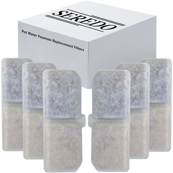 Set 6x Filtre Dispenser de Apa Automat Seredo™ pentru Caini si Pisici, Purificare, Ionizare, Carbon Activ, Cocos, Bumbac