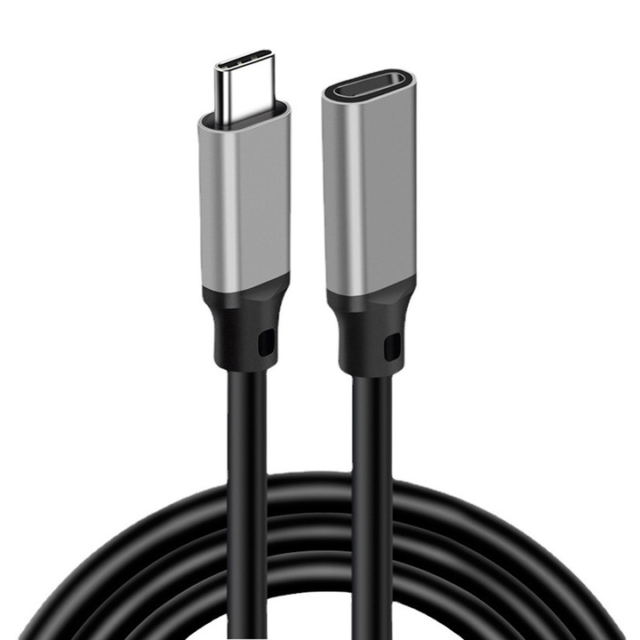 Удължителен кабел Type C, Axroad Mall, Поддържа пренос на видео сигнал, USB 3.2 Gen 2, 4K HD резолюция, 10Gbps, 100W, 5A, Бързо зареждане, За мобилни телефони, таблети, преносими компютри, Метален, 1,5 м, Сиво/Черен