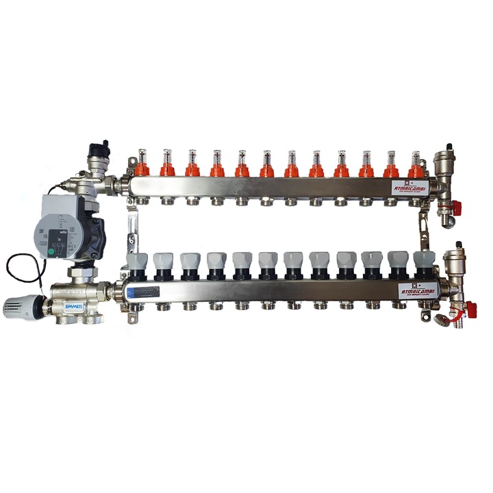 Set distribuitor pardoseala RTM cu 12 cai, 3/4", cu grup amestec Emmeti cu pompa Wilo Para 25/6 si kit aerisitor incluse