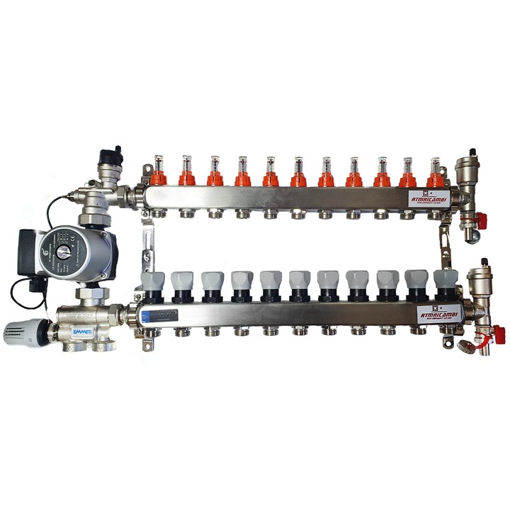Set distribuitor pardoseala RTM cu 11 cai, 3/4", cu grup amestec Emmeti cu pompa 25/60 si kit aerisitor incluse