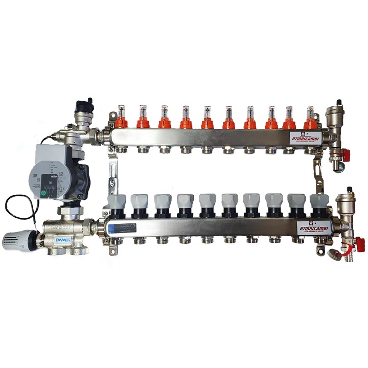 Set distribuitor pardoseala RTM cu 10 cai, 3/4", cu grup amestec Emmeti cu pompa Wilo Para 25/6 si kit aerisitor incluse