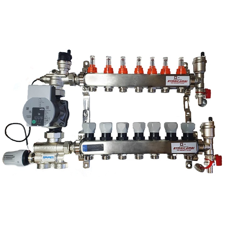Set distribuitor pardoseala RTM cu 7 cai, 3/4", cu grup amestec Emmeti cu pompa Wilo Para 25/6 si kit aerisitor incluse