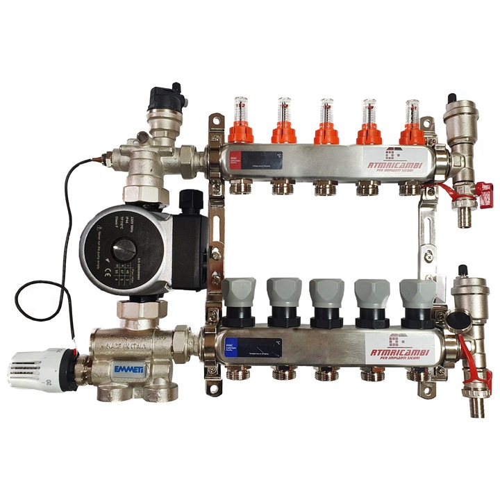 Set distribuitor pardoseala RTM cu 5 cai, 3/4", cu grup amestec Emmeti cu pompa 25/60 si kit aerisitor incluse