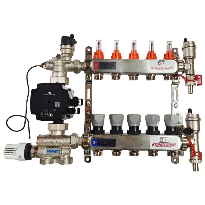 Set distribuitor pardoseala RTM cu 5 cai, 3/4", cu grup amestec Emmeti cu pompa Grundfos 25/70 UPM3 Hybrid si kit aerisitor incluse