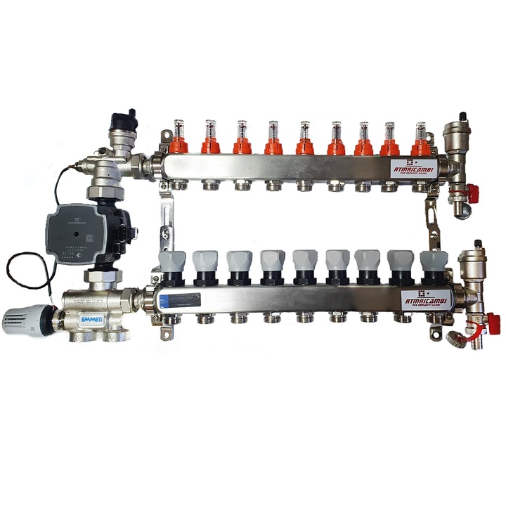 Set distribuitor pardoseala RTM cu 9 cai, 3/4", cu grup amestec Emmeti cu pompa Grundfos 25/70 UPM3 Hybrid si kit aerisitor incluse