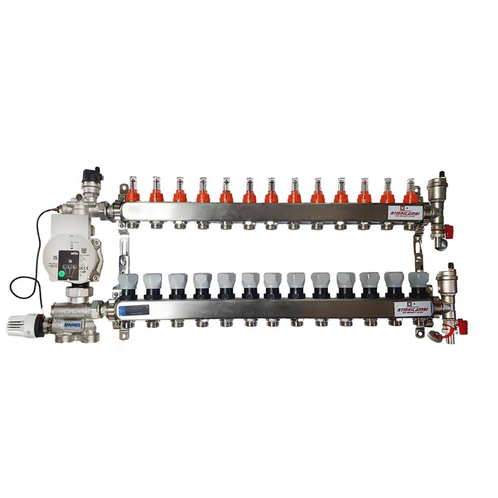 Set distribuitor pardoseala RTM cu 13 cai, 3/4", cu grup amestec Emmeti cu pompa Wilo Para 25/6 si kit aerisitor incluse