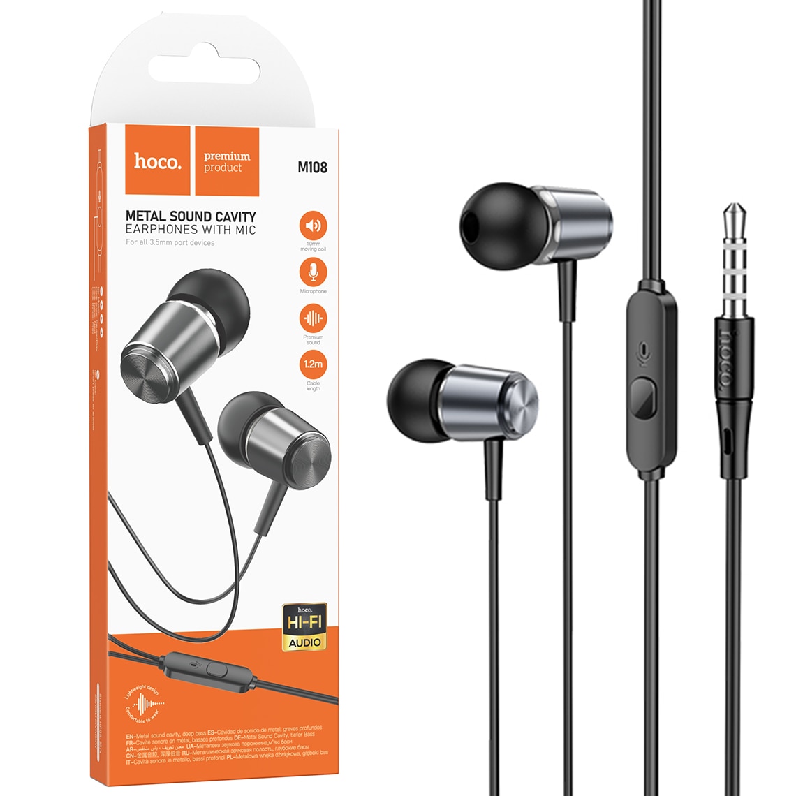 Casti cu fir, Universale, conector Jack 3.5mm, comenzi pe fir, compatibile cu iPhone / iPad / Samsung / Huawei / Xiaomi / Moto / Oppo, lungime fir 1.2m, Metall Gray (M108)